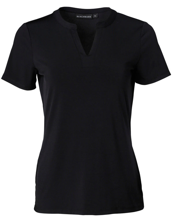 SOFIA Womens V-Neck with Tab Short Sleeve Knit Top
