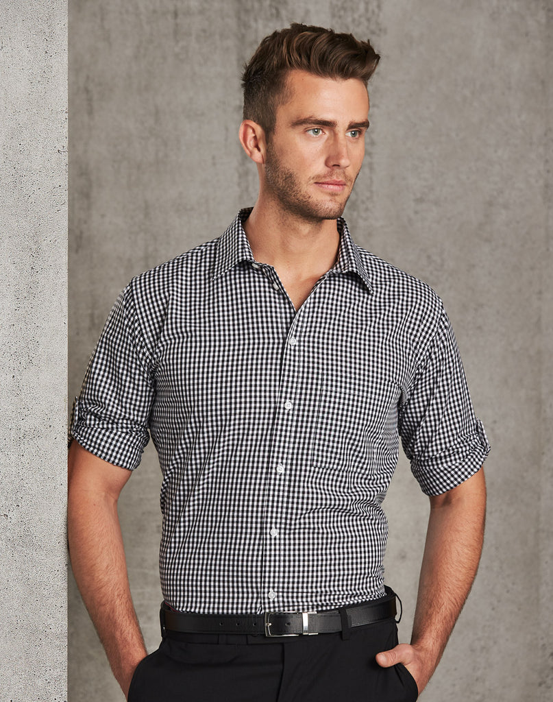 Mens Gingham Check Roll-Up Long Sleeve Shirt