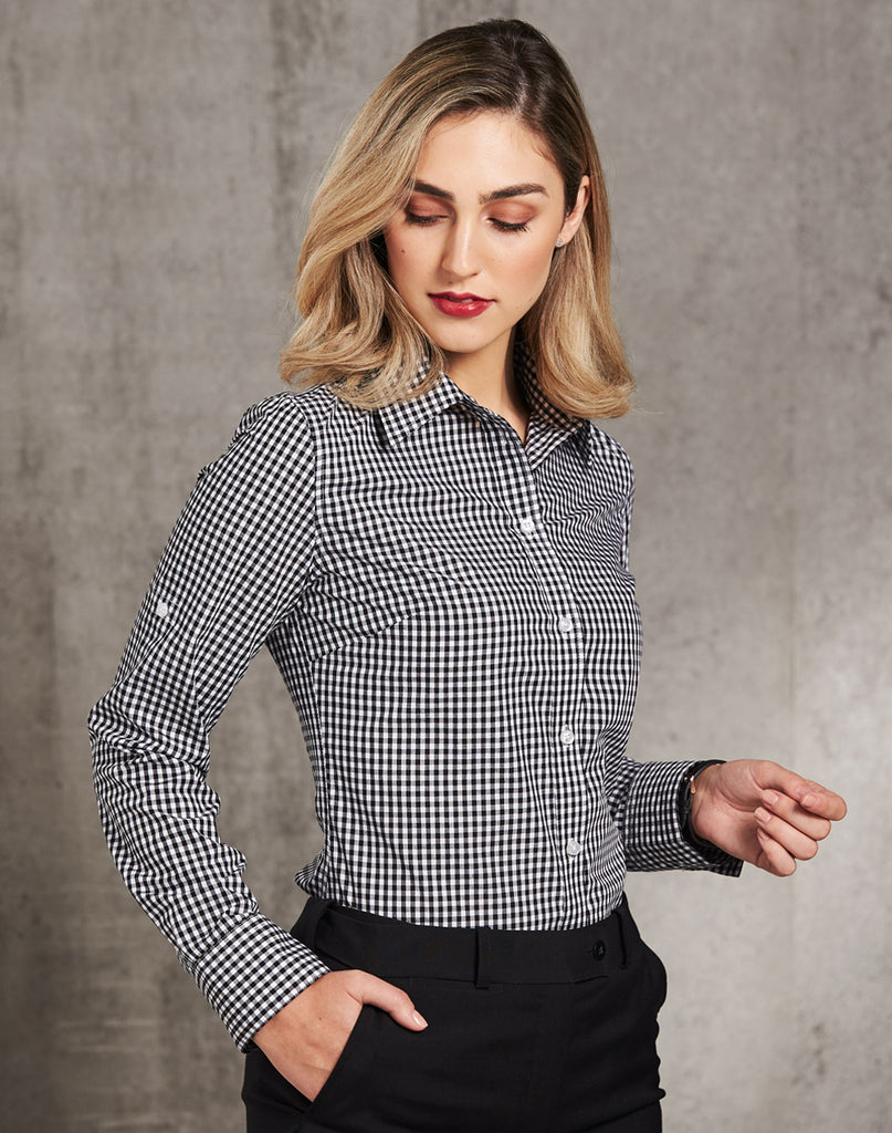 Womens Gingham Check Roll-Up Long Sleeve Shirt