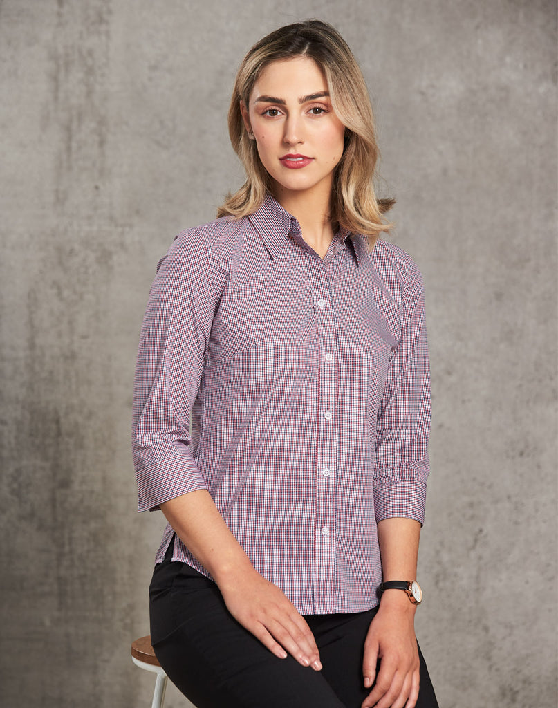 Womens Two Tone Mini Gingham 3/4 Sleeve Shirt