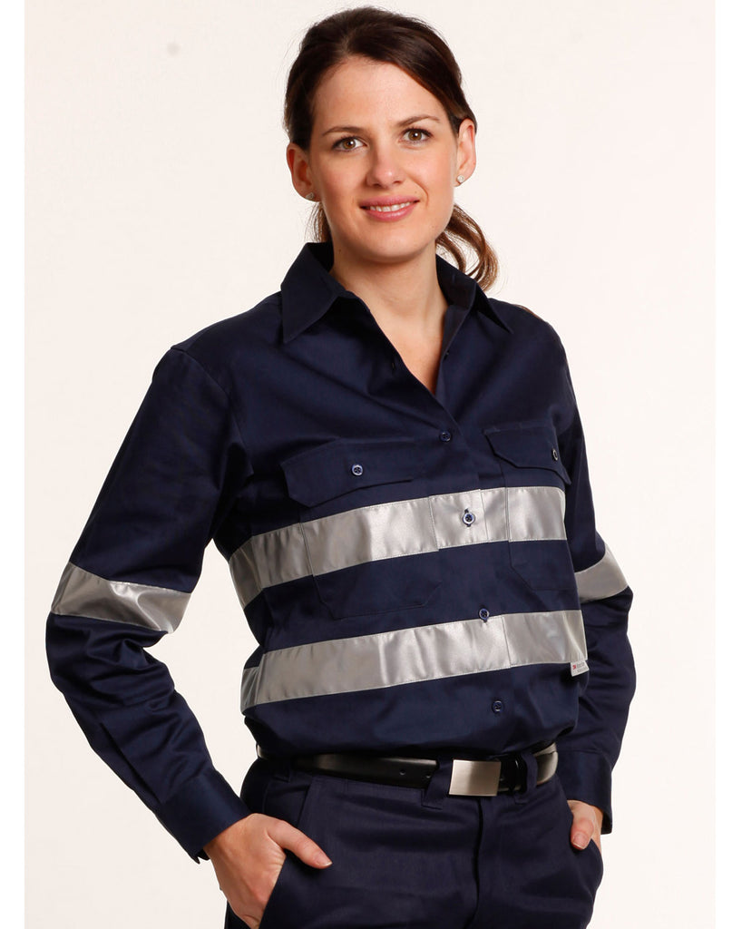 Womens Cotton Drill Long Sleeve Work Shirt with 3M Tapes